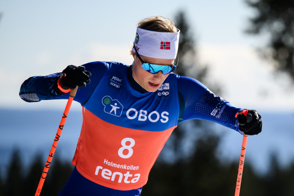 Einar Hedegart of Norway competes in men’s 10 km Interval start free technique during the FIS Cross-Country World Cup on March 16, 2025 in Oslo.