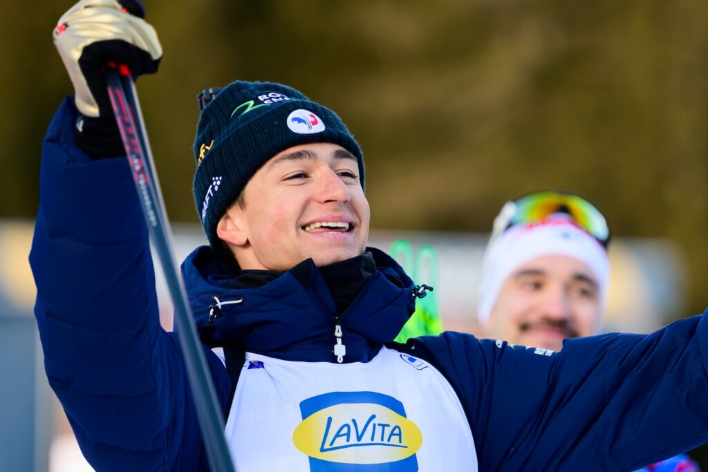 Eric Perrot of France celebrates after competing in men's 20 km individual during the IBU Biathlon World Championships on February 19, 2025 in Lenzerheide.
