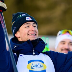 Eric Perrot of France celebrates after competing in men's 20 km individual during the IBU Biathlon World Championships on February 19, 2025 in Lenzerheide.