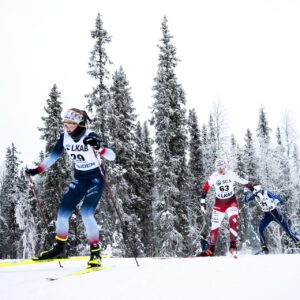 251123 Ida Nilsson, Åsarna IK, Lisa Vinsa, Piteå Elit SK, and Edit Söderlind, IFK Kiruna, compete in the women's 10 km free technique during the Swedish premiere cross country skiing race on November 23, 2025 in Gällivare. Photo: / kod MT / MT0902