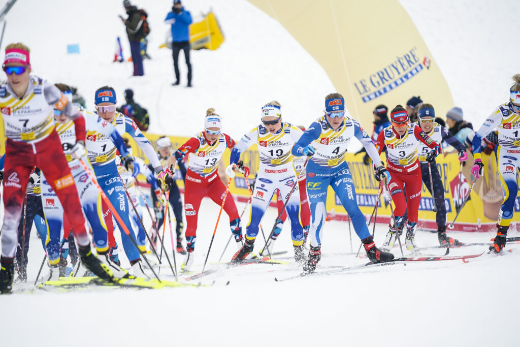Astrid Oeyre Slind (NOR), Emma Ribom (SWE), Krista Parmakoski (FIN), Heidi Weng (NOR), (l-r) - FIS world cup cross-country, mass, Les Rousses (FRA).