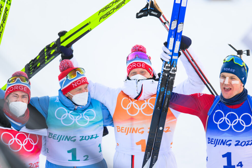 Sturla Holm Lægreid, Tarjei Bø, Johannes Thingnes Bø and Vetle Sjåstad Christiansen of Norway celebrates after men's biathlon 4 x 7,5 km relay during day 11 of the 2022 Winter Olympics on February 15, 2022 in Zhangjiakou.
Photo: Jon Olav Nesvold / BILDBYRÅN