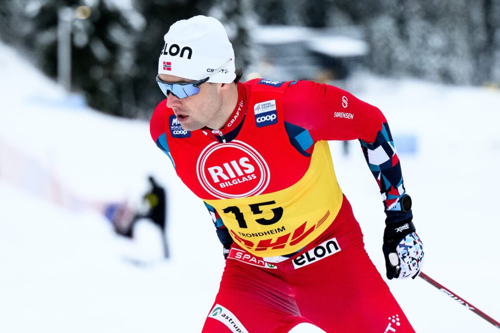 Harald Astrup Arnesen of Norway competes in the Men's Cross Country Skiing Sprint quarter final during the FIS Cross-Country World Cup on December 15, 2023 in Trondheim.