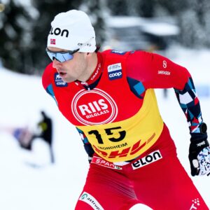 Harald Astrup Arnesen of Norway competes in the Men's Cross Country Skiing Sprint quarter final during the FIS Cross-Country World Cup on December 15, 2023 in Trondheim.
