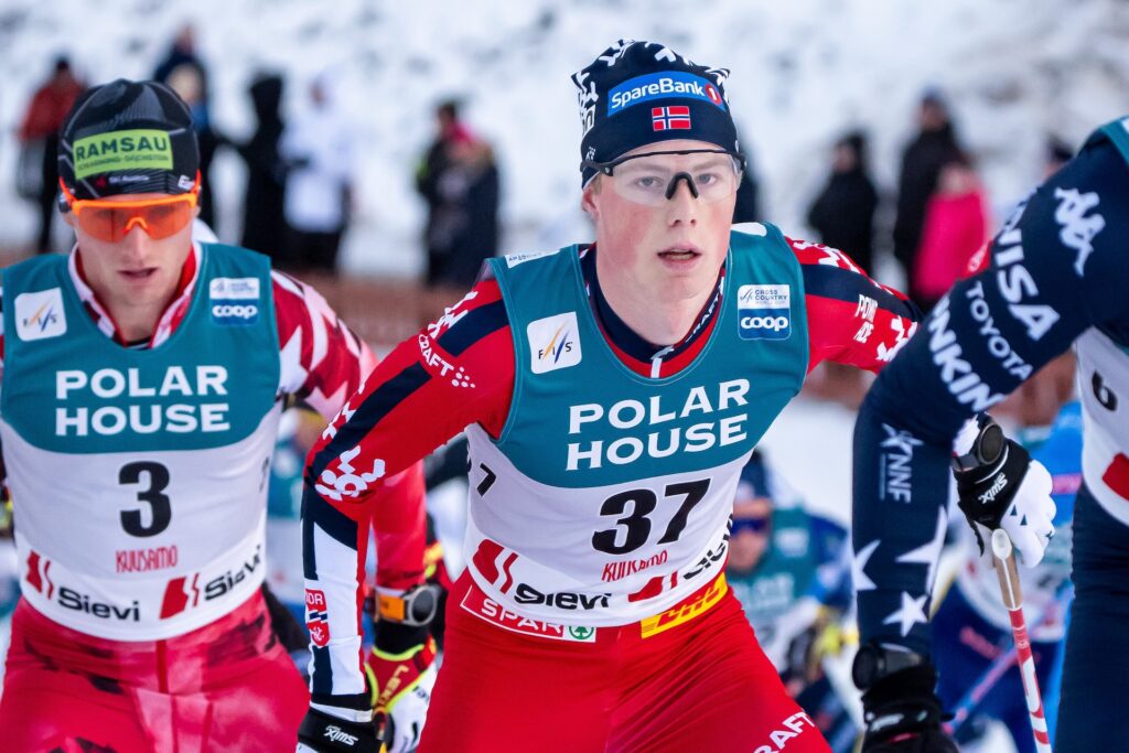 Einar Hedegart of Norway competes in the the FIS Cross-Country World Cup Men's Mass Start 20.0 km Free on November 30, 2025 in Ruka.