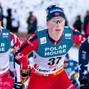 Einar Hedegart of Norway competes in the the FIS Cross-Country World Cup Men's Mass Start 20.0 km Free on November 30, 2025 in Ruka.