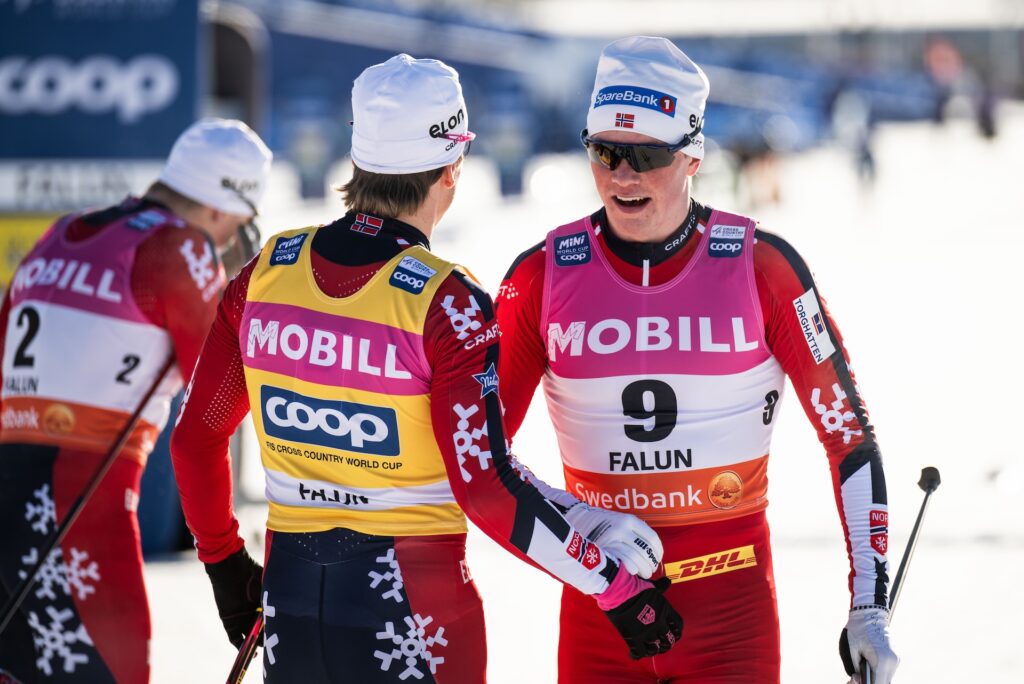 Johannes Høsflot Klæbo of Norway and Oskar Opstad Vike of Norway celebrate after competing in the Men's Sprint final during the FIS Cross-Country World Cup on February 14, 2025 in Falun.