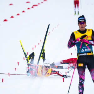 leksander Elde Holmboe and Amund Korsæth of Norway in pain during the men’s cross-country skiing sprint semi-final during Beitosprinten 2024 on November 22, 2024 in Beitostølen.