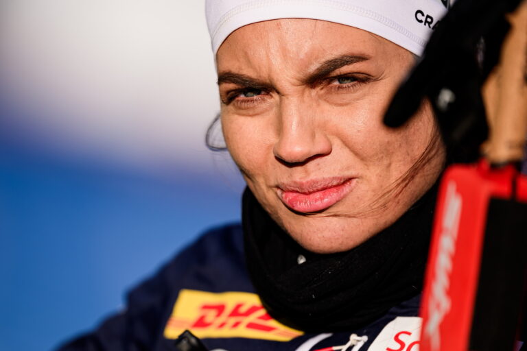 Kristine Stavås Skistad of Norway in the mixed zone after the Women's Sprint final during the FIS Cross-Country World Cup on February 14, 2025 in Falun.