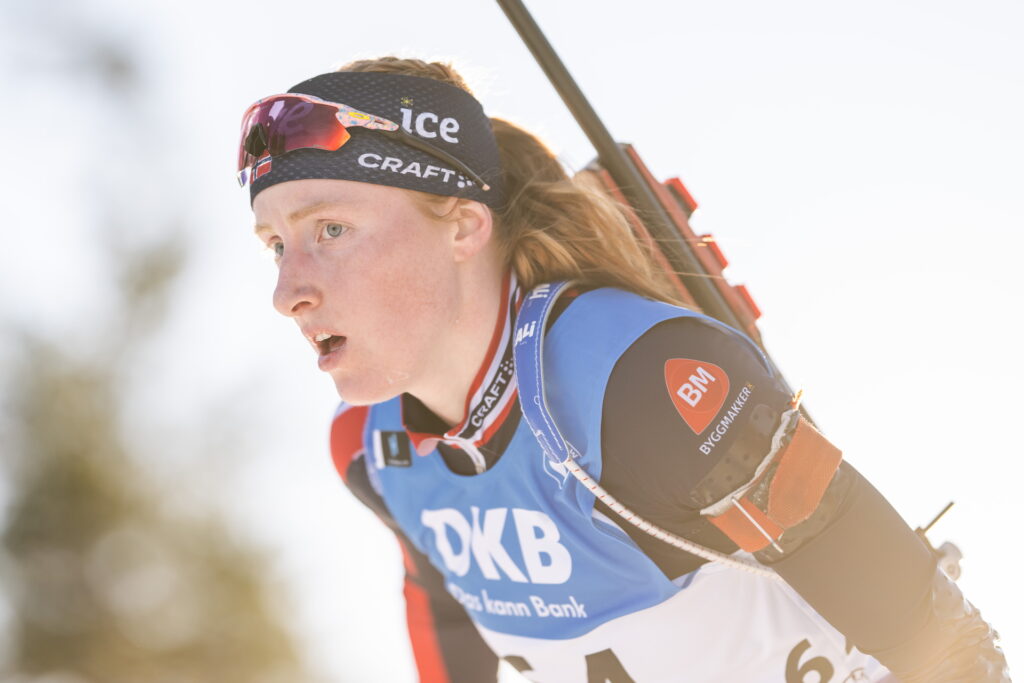 Maren Kirkeeide of Norway competes in women's 7,5 km sprint during the IBU World Cup on March 21, 2025 in Oslo. 