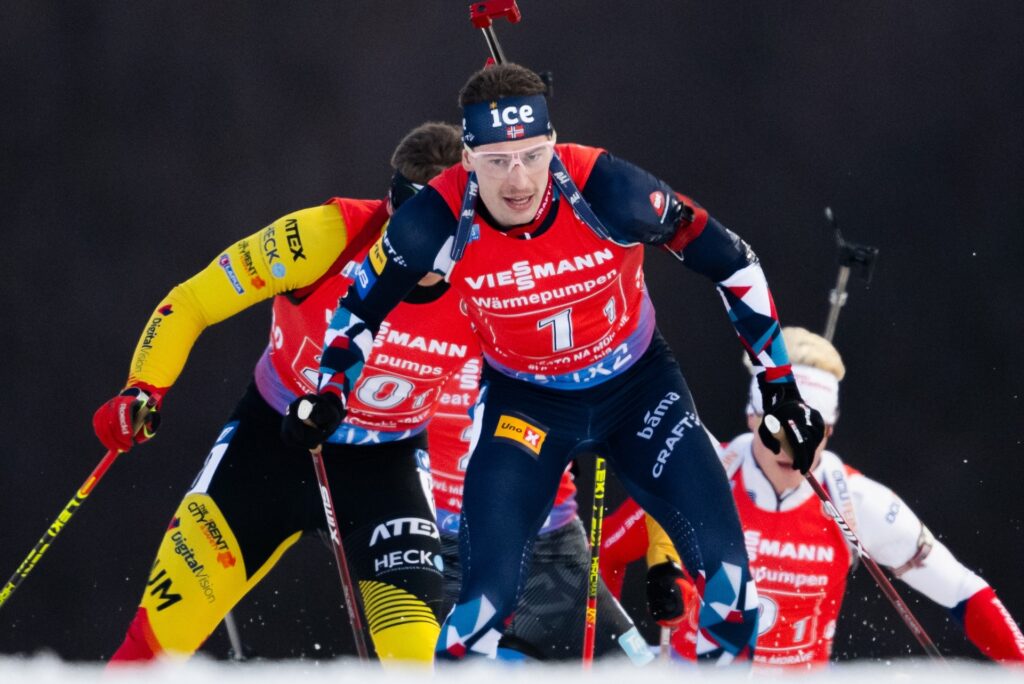 Sturla Holm Lægreid of Norway competes in men's 4 x 7,5 km Relay during the IBU Biathlon World Championships on February 17, 2024 in Nove Mesto na Morave. Photo: