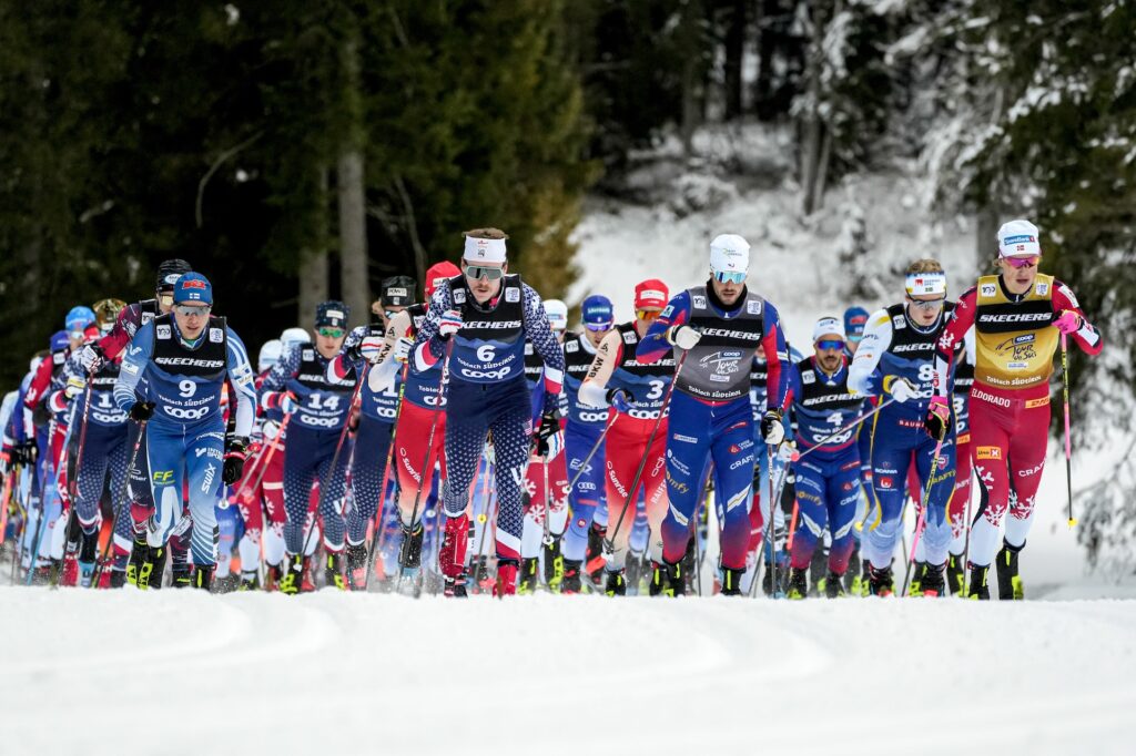 Lauri Vuorinen (FIN), Ben Ogden (USA), Lucas Chanavat (FRA), Edvin Anger (SWE), Johannes Hoesflot Klaebo (NOR), (l-r) - FIS world cup cross-country, tour de ski, mass, Toblach (ITA).