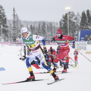 Leo Johansson of Sweden I and Simen Hegstad Krueger of Norway competes in the Men's Cross Country Skiing Relay 4x7,5 km during the FIS Cross-Country World Cup on December 3, 2023 in Gällivare.