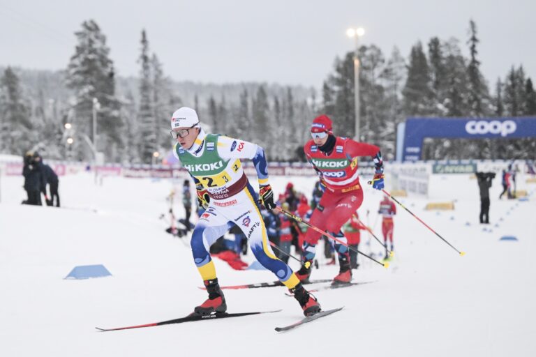 Leo Johansson of Sweden I and Simen Hegstad Krueger of Norway competes in the Men's Cross Country Skiing Relay 4x7,5 km during the FIS Cross-Country World Cup on December 3, 2023 in Gällivare.