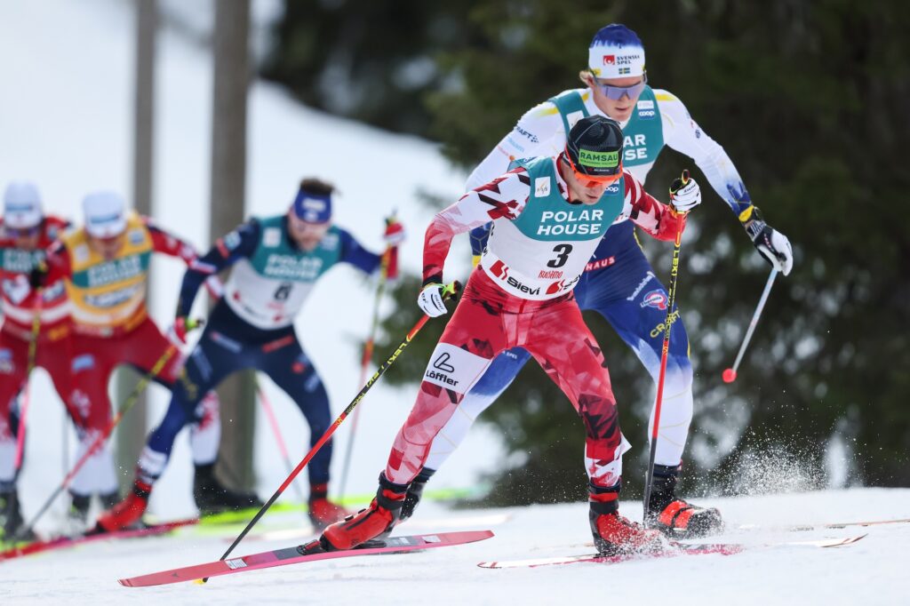 251130 Skidor KUUSAMO,FINLAND,30.NOV.25 - NORDIC SKIING, CROSS COUNTRY SKIING - FIS World Cup, Nordic Opening, 20km free, men. Image shows Mika Vermeulen (AUT) and Edvin Anger (SWE).