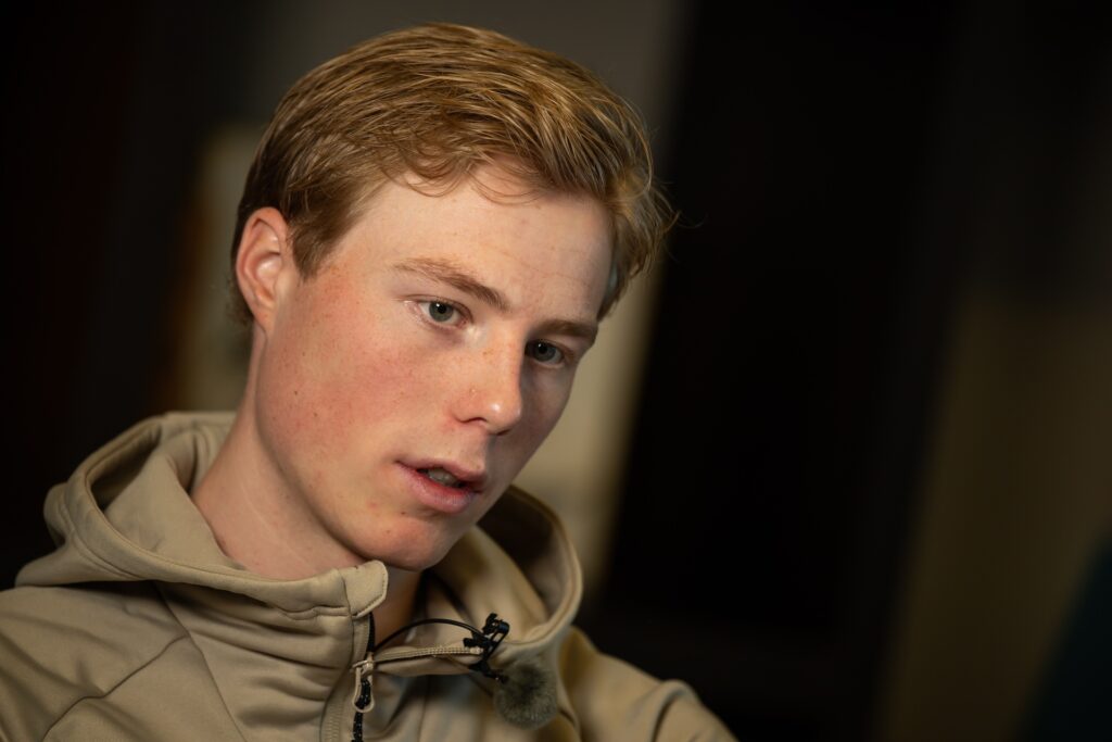 Einar Hedegart of the Norwegian national cross country team at a press meet ahead of the FIS World Cup on December 11, 2025 in Davos.