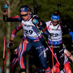 Juni Arnekleiv of Norway competes in women's 10 km pursuit during the IBU World Cup on March 22, 2025 in Oslo.