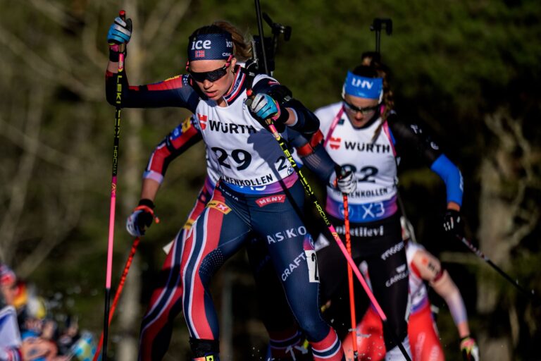 Juni Arnekleiv of Norway competes in women's 10 km pursuit during the IBU World Cup on March 22, 2025 in Oslo.