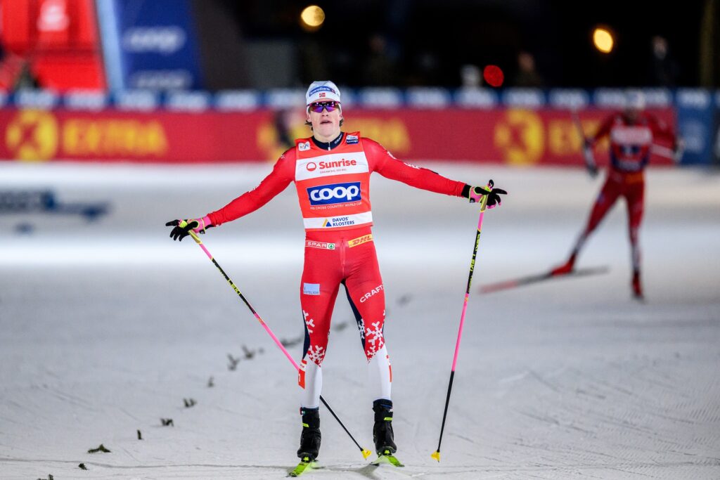 Johannes Høsflot Klæbo of Norway celebrate after competing in the men's team sprint final during the FIS Cross-Country World Cup on December 12, 2025 in Davos.