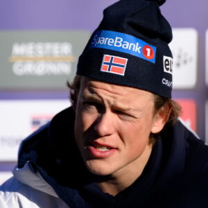 241230 Johannes Høsflot Klæbo at a press event with team Norway during day three of Tour de Ski on December 30, 2024 in Toblach. Photo: Carl Sandin / BILDBYRÅN / kod CS / CS0637