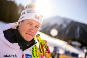 Johannes Høsflot Klæbo of Norway in the mixed zone after the men's 10 km free technique interval start during the FIS Cross-Country World Cup on December 14, 2025 in Davos.