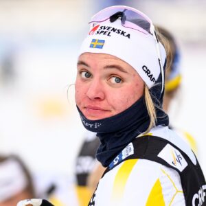 Linn Svahn of Sweden celebrates after competing in the women's sprint final during the FIS Cross-Country World Cup on December 5, 2025 in Trondheim.