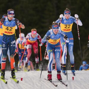 Silje Øyre Slind (NOR), Krista Parmakoski (FIN), Johanna Matintalo (FIN), (l-r) - FIS world cup cross-country, skiathlon, Trondheim (NOR).