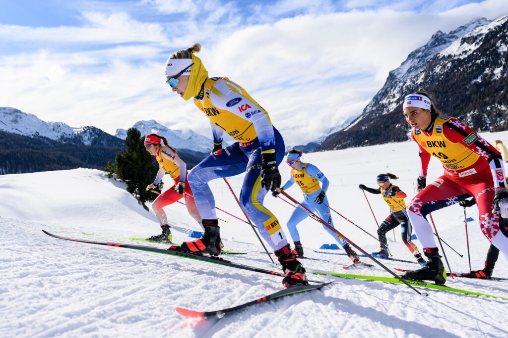 Jonna Sundling of Sweden and Kristine Stavaas Skistad of Norway compete in a women's sprint quarterfinal during the FIS Cross-Country World Cup on January 25, 2025 in Surlej.