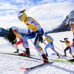 Jonna Sundling of Sweden and Kristine Stavaas Skistad of Norway compete in a women's sprint quarterfinal during the FIS Cross-Country World Cup on January 25, 2025 in Surlej.
