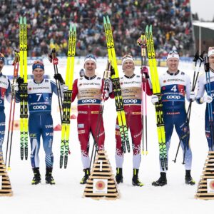 Ristomatti Hakola (FIN), Lauri Vuorinen (FIN), Erik Valnes (NOR), Johannes Hoesflot Klaebo (NOR), Oskar Svensson (SWE), Edvin Anger (SWE), (l-r) - FIS Nordic World Ski Championships Cross-Country, team sprint, Trondheim (NOR).
