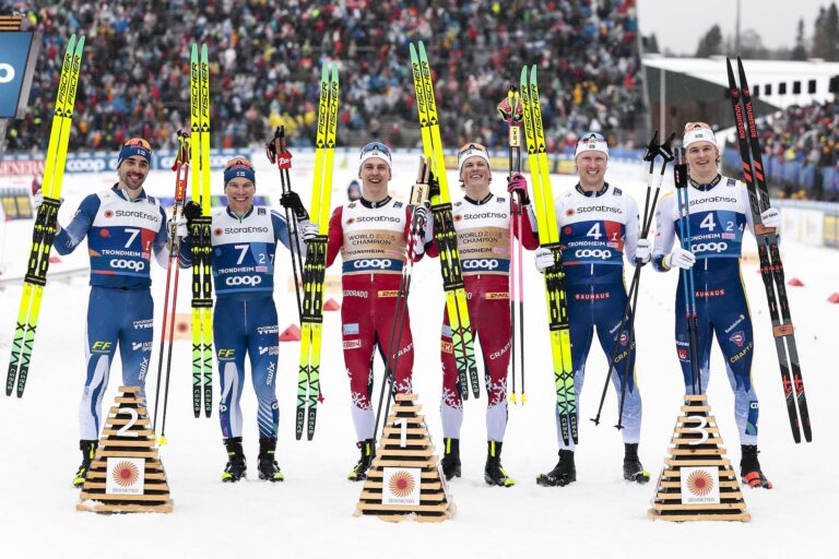 Ristomatti Hakola (FIN), Lauri Vuorinen (FIN), Erik Valnes (NOR), Johannes Hoesflot Klaebo (NOR), Oskar Svensson (SWE), Edvin Anger (SWE), (l-r) - FIS Nordic World Ski Championships Cross-Country, team sprint, Trondheim (NOR).