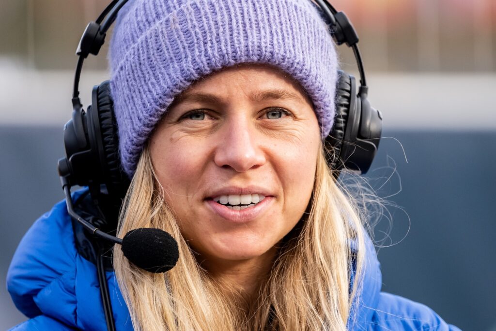 240213 Tiril Eckhoff of Norway Broadcaster TV2 during a training session during the IBU Biathlon World Championships on February 13, 2024 in Nove Mesto na Morave.