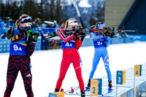 08.02.2026, Antholz, Italy (ITA): Franziska Preuss (GER), Maren Kirkeeide (NOR), Lisa Vittozzi (ITA), (l-r) - XXV. Olympic Winter Games Milano-Cortina 2026, Biathlon, mixed relay, Antholz (ITA).