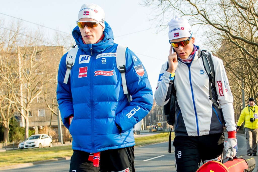 Pål Trøan Aune and Johannes Høsflot Klæbo of Norway after the men's team sprint free technique finals during the FIS Cross-Country World Cup on January 14, 2018 in Dresden.