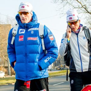 Pål Trøan Aune and Johannes Høsflot Klæbo of Norway after the men's team sprint free technique finals during the FIS Cross-Country World Cup on January 14, 2018 in Dresden.