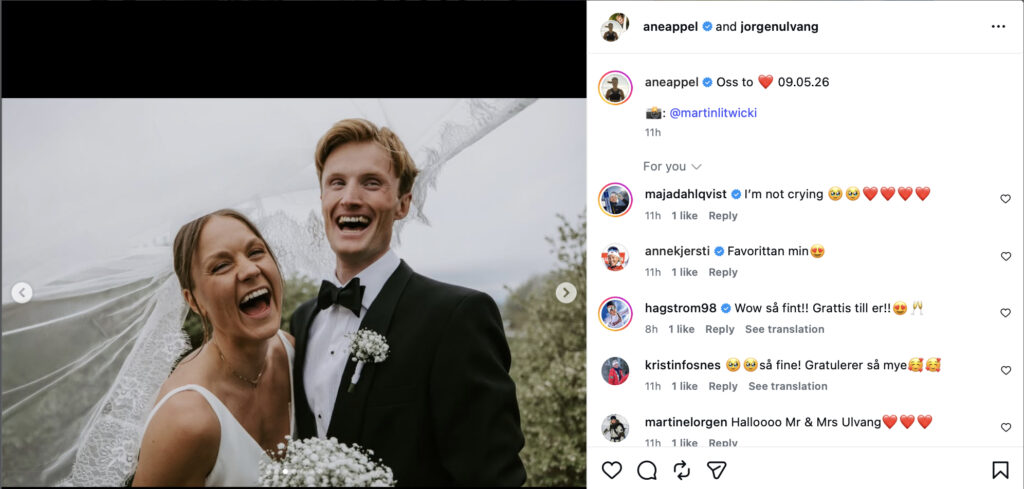 Ane Appelkvist Stenseth Jørgen Ulvang wedding 2026 IG