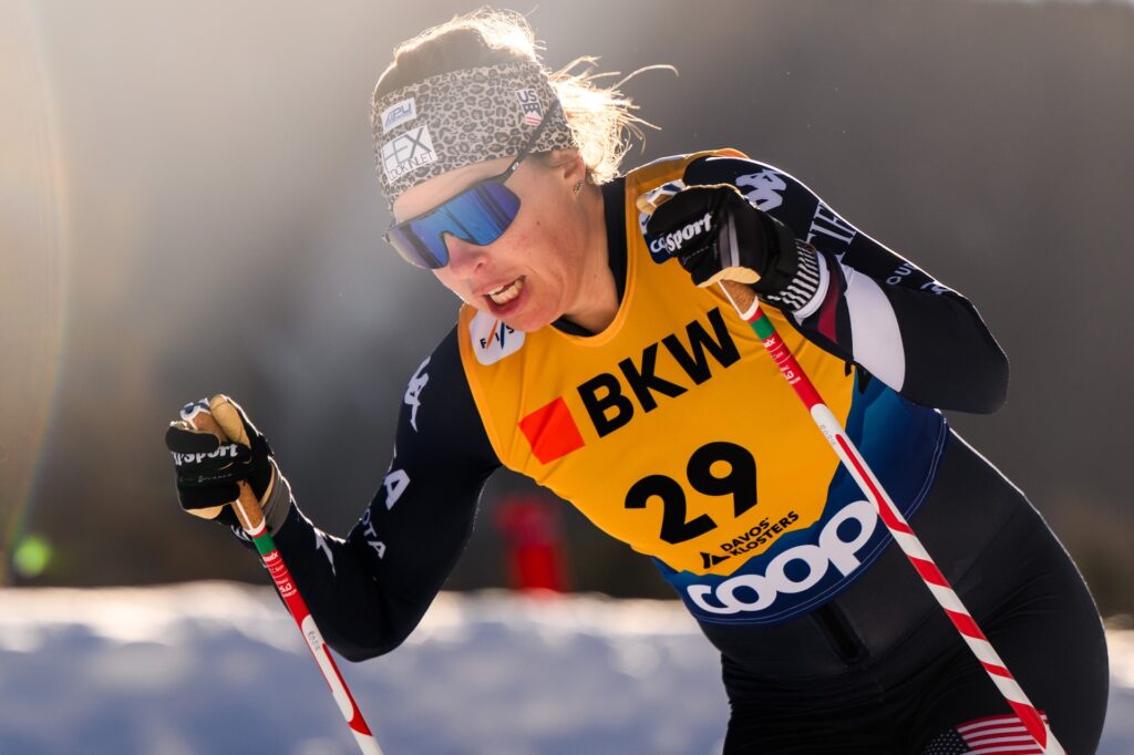 Rosie Brennan of the United States competes in the women's 10 km free technique interval start during the FIS Cross-Country World Cup on December 14, 2025 in Davos.