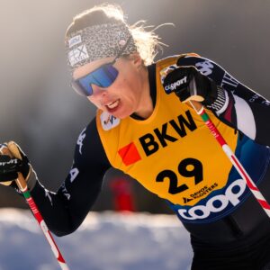 Rosie Brennan of the United States competes in the women's 10 km free technique interval start during the FIS Cross-Country World Cup on December 14, 2025 in Davos.