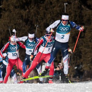 Sturla Holm Laegreid (NOR), Philipp Nawrath (GER), Martin Ponsiluoma (SWE), Vetle Sjaastad Christiansen (NOR), Emilien Jacquelin (FRA), Eric Perrot (FRA), Quentin Fillon Maillet (FRA), (l-r) - XXV. Olympic Winter Games Milano-Cortina 2026, Biathlon, mass men, Antholz (ITA).
