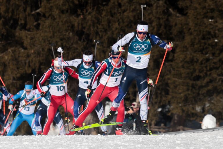 Sturla Holm Laegreid (NOR), Philipp Nawrath (GER), Martin Ponsiluoma (SWE), Vetle Sjaastad Christiansen (NOR), Emilien Jacquelin (FRA), Eric Perrot (FRA), Quentin Fillon Maillet (FRA), (l-r) - XXV. Olympic Winter Games Milano-Cortina 2026, Biathlon, mass men, Antholz (ITA).