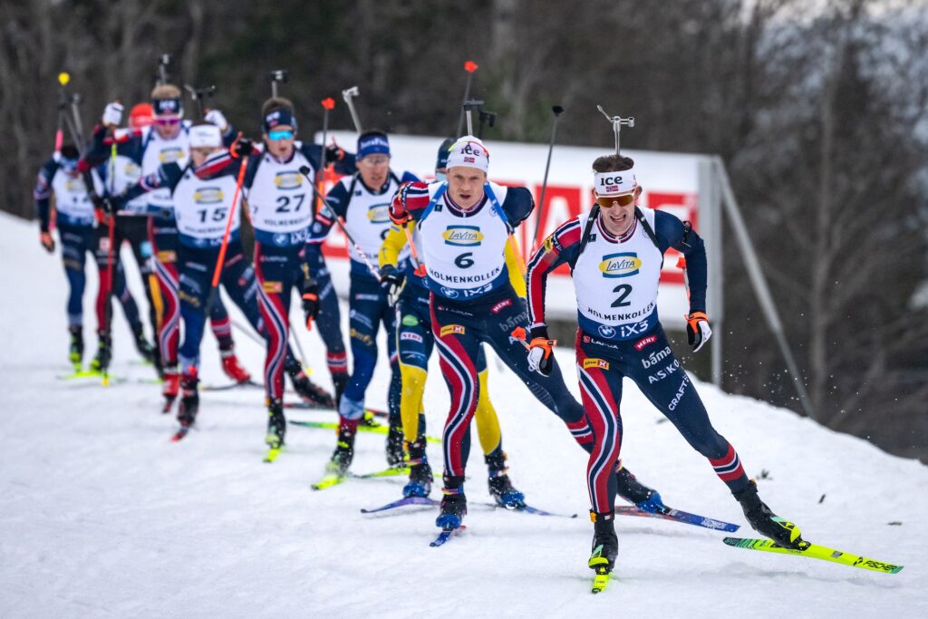 OSLO, NORWAY - MARCH 22: Sturla Holm Laegreid of Norway in action during the Men 15km Mass Start at the BMW IBU World Cup Biathlon Oslo on March 22, 2026 in Oslo, Norway. (Photo by