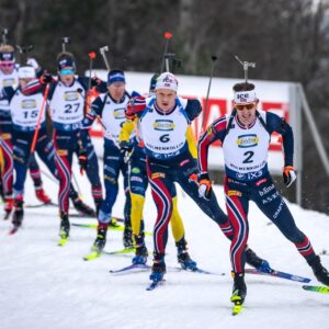 OSLO, NORWAY - MARCH 22: Sturla Holm Laegreid of Norway in action during the Men 15km Mass Start at the BMW IBU World Cup Biathlon Oslo on March 22, 2026 in Oslo, Norway. (Photo by