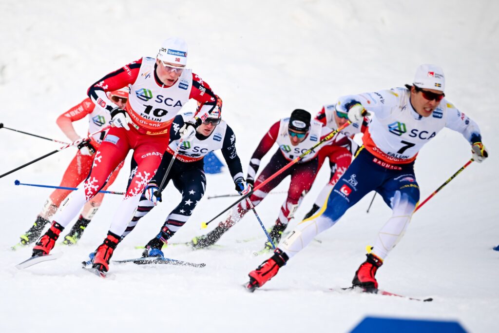 28.02.2026, Falun, Sweden (SWE): Oskar Opstad Vike (NOR), Jack Young (USA), George Ersson (SWE), (l-r) - FIS world cup cross-country, individual sprint, Falun (SWE).