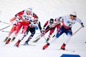 28.02.2026, Falun, Sweden (SWE): Oskar Opstad Vike (NOR), Jack Young (USA), George Ersson (SWE), (l-r) - FIS world cup cross-country, individual sprint, Falun (SWE).