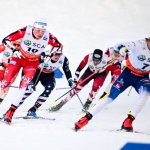 28.02.2026, Falun, Sweden (SWE): Oskar Opstad Vike (NOR), Jack Young (USA), George Ersson (SWE), (l-r) - FIS world cup cross-country, individual sprint, Falun (SWE).
