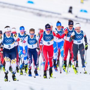 22.02.2026, Tesero, Italy (ITA): Ebba Andersson (SWE), Jessie Diggins (USA), Heidi Weng (NOR), Dariya Nepryaeva (AIN), Karoline Simpson-Larsen (NOR), (l-r) - XXV. Olympic Winter Games Milano-Cortina 2026, Cross-Country, mass women, Tesero (ITA). www.nordicfocus.com. © For editorial use only.