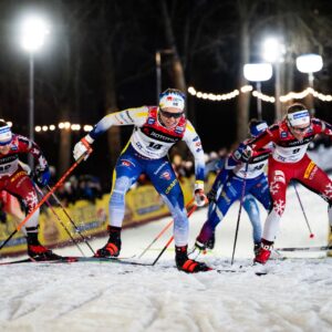 Lotta Udnes Weng of Norway, Emma Ribom of Sweden and Mathilde Myhrvold of Norway compete in the Women's sprint quarter final during the FIS Cross-Country World Cup on March 19, 2025 in Tallin. Photo: Kalle Parkkinen / BILDBYRÅN