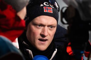 Endre Strømsheim of Norway in the mixed zone after men's 12,5 km pursuit during the IBU World Cup on December 7, 2025 in Östersund.