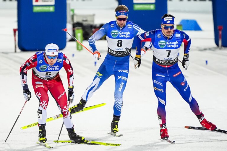 250321 Erik Valnes of Norway, Joni Maki of Finland and Jules Chappaz of France competes in the Men's Sprint quarter final during the FIS Cross-Country World Cup on March 21, 2025 in Lahti. Photo: / COP 211 / KP0080