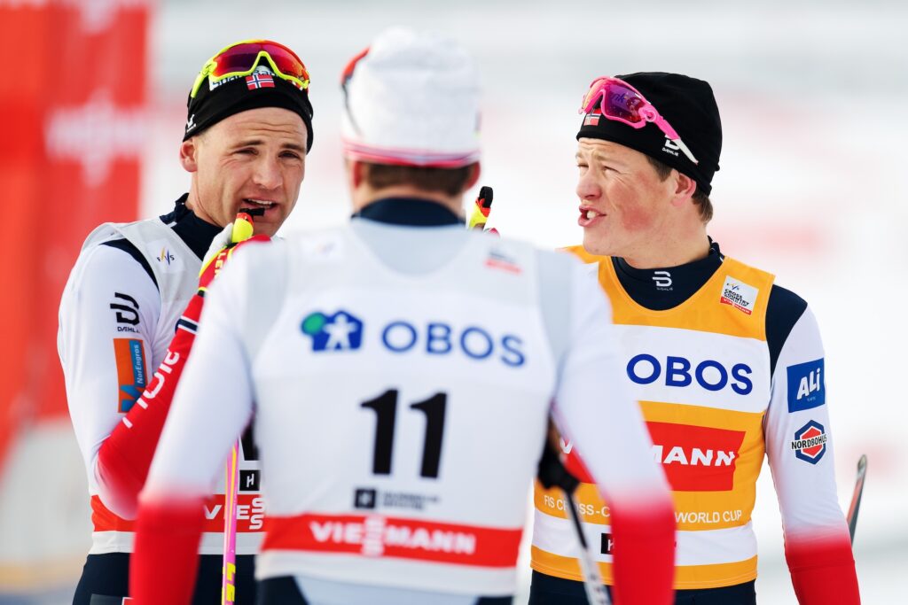 Niklas Dyrhaug and Johannes Høsflot Klæbo of Norway after the men's 50 km free technique during FIS Cross-Country World Cup on March 10, 2018 in Oslo.
